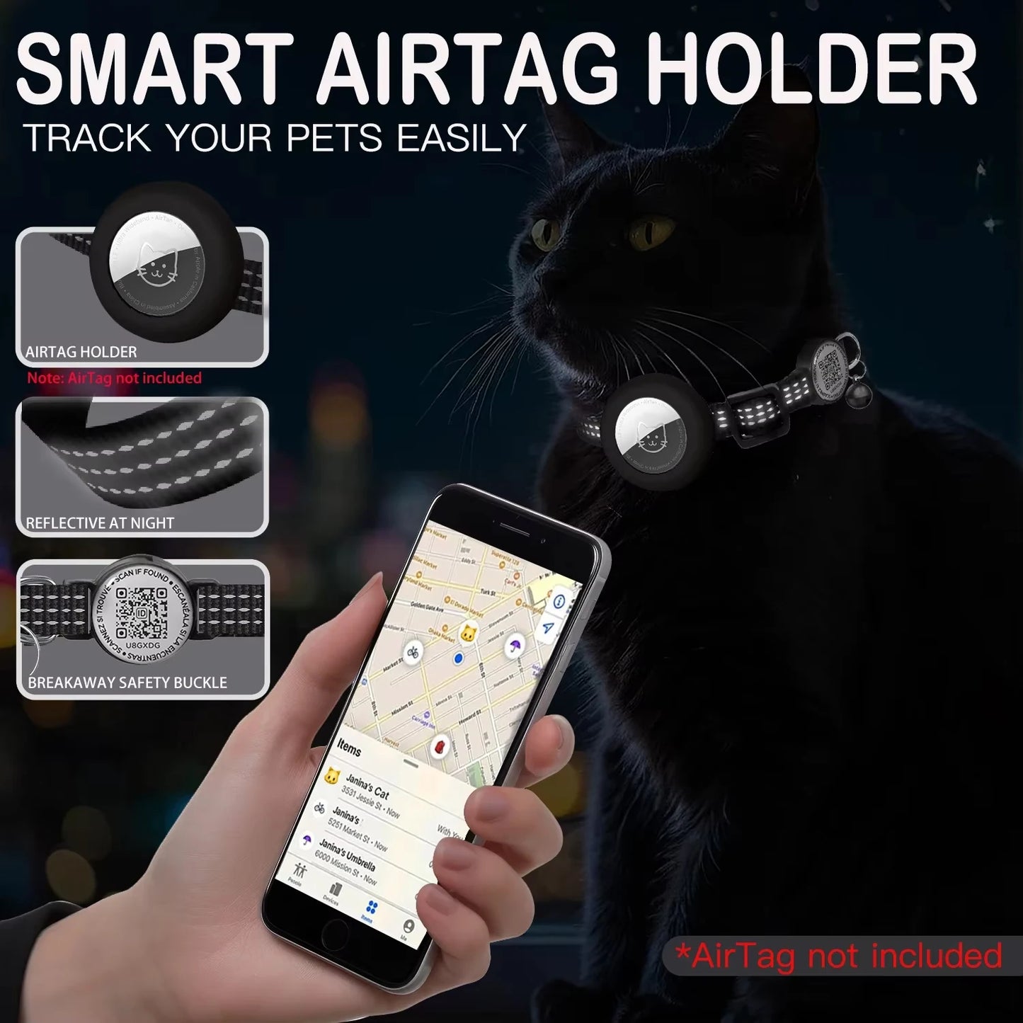 AirTag Cat Collar – Reflective GPS Tracking Collar with QR Tag & AirTag Holder