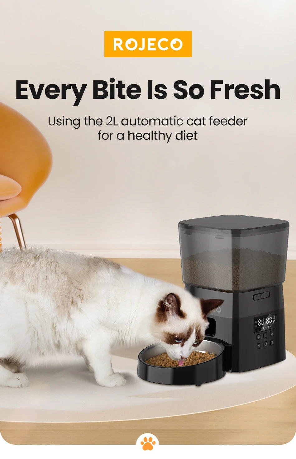 ROJECO Automatic Pet Feeder – Smart Dry Food Dispenser with Easy Button Control for Cats & Dogs