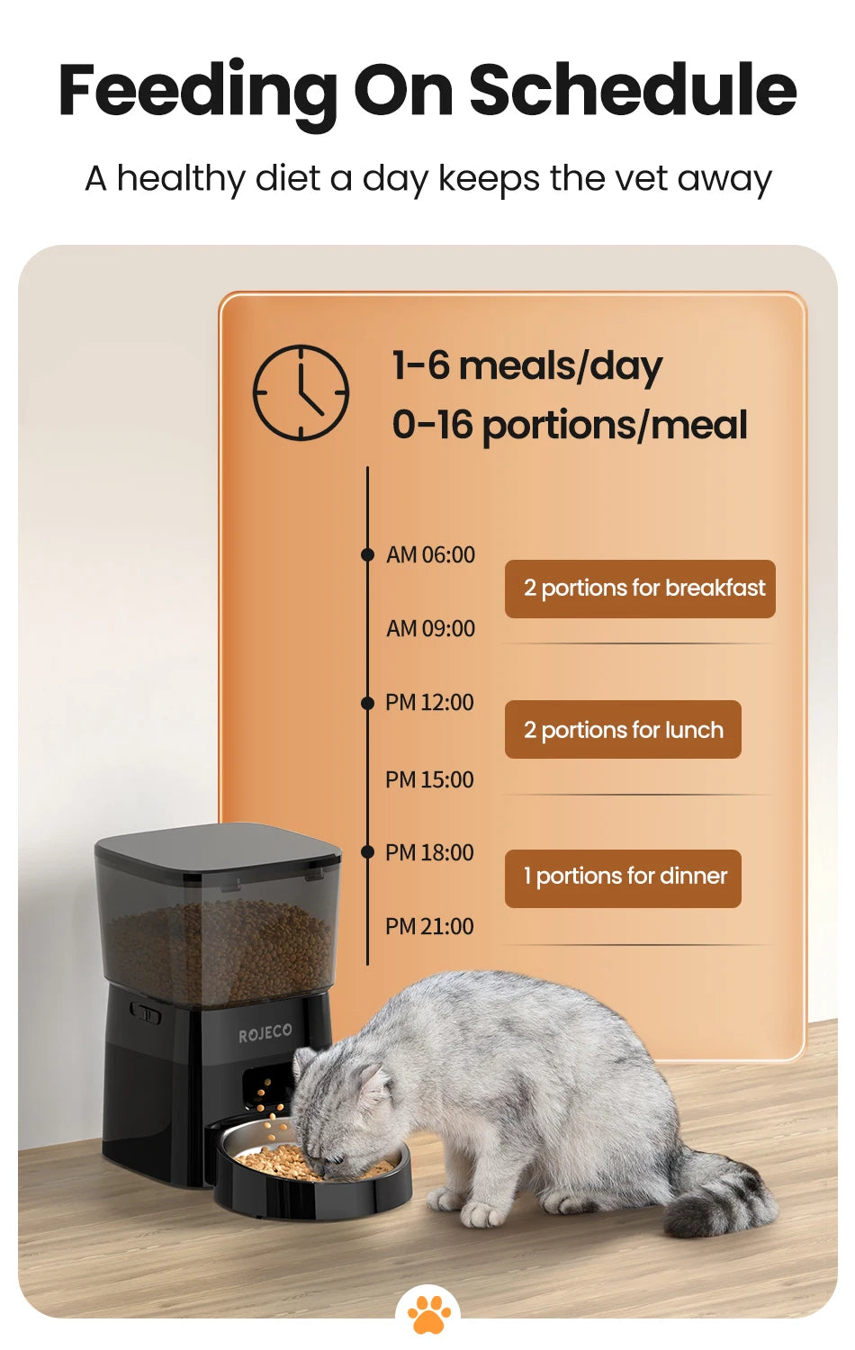 ROJECO Automatic Pet Feeder – Smart Dry Food Dispenser with Easy Button Control for Cats & Dogs