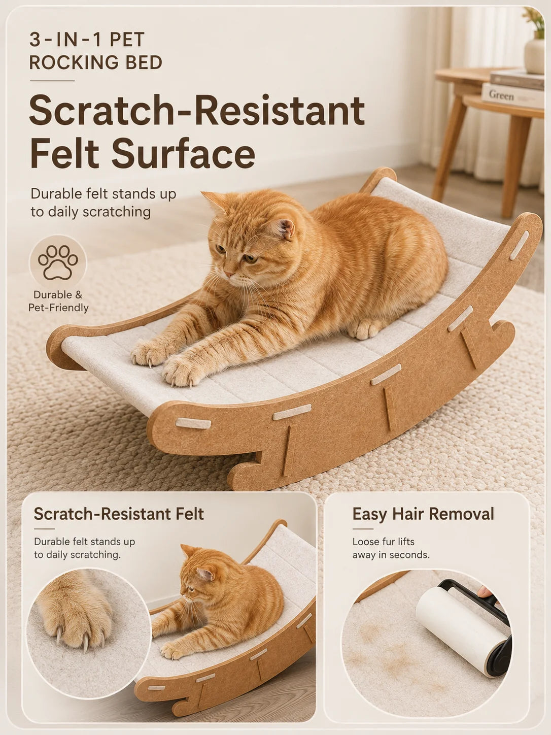 3-in-1 Cat Rocking Bed with Scratch Pad – Cozy Pet Lounge & Scratching Mat for Cats