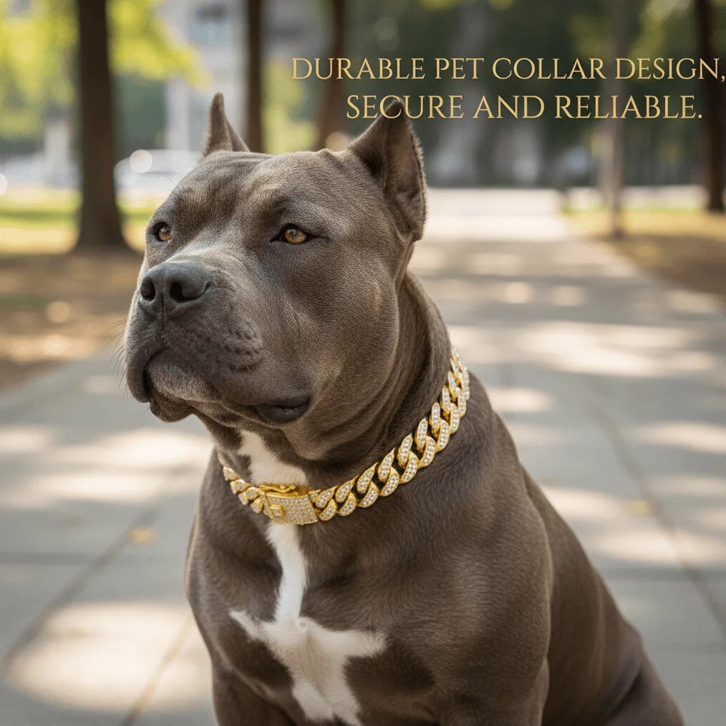 Luxury Cuban Chain Dog Collar – Gold Tone Stainless Steel Diamond-Inspired Pet Necklace for Daily Walks