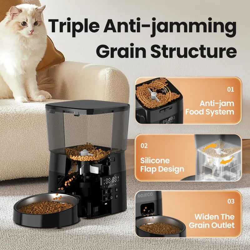 ROJECO Automatic Pet Feeder – Smart Dry Food Dispenser with Easy Button Control for Cats & Dogs