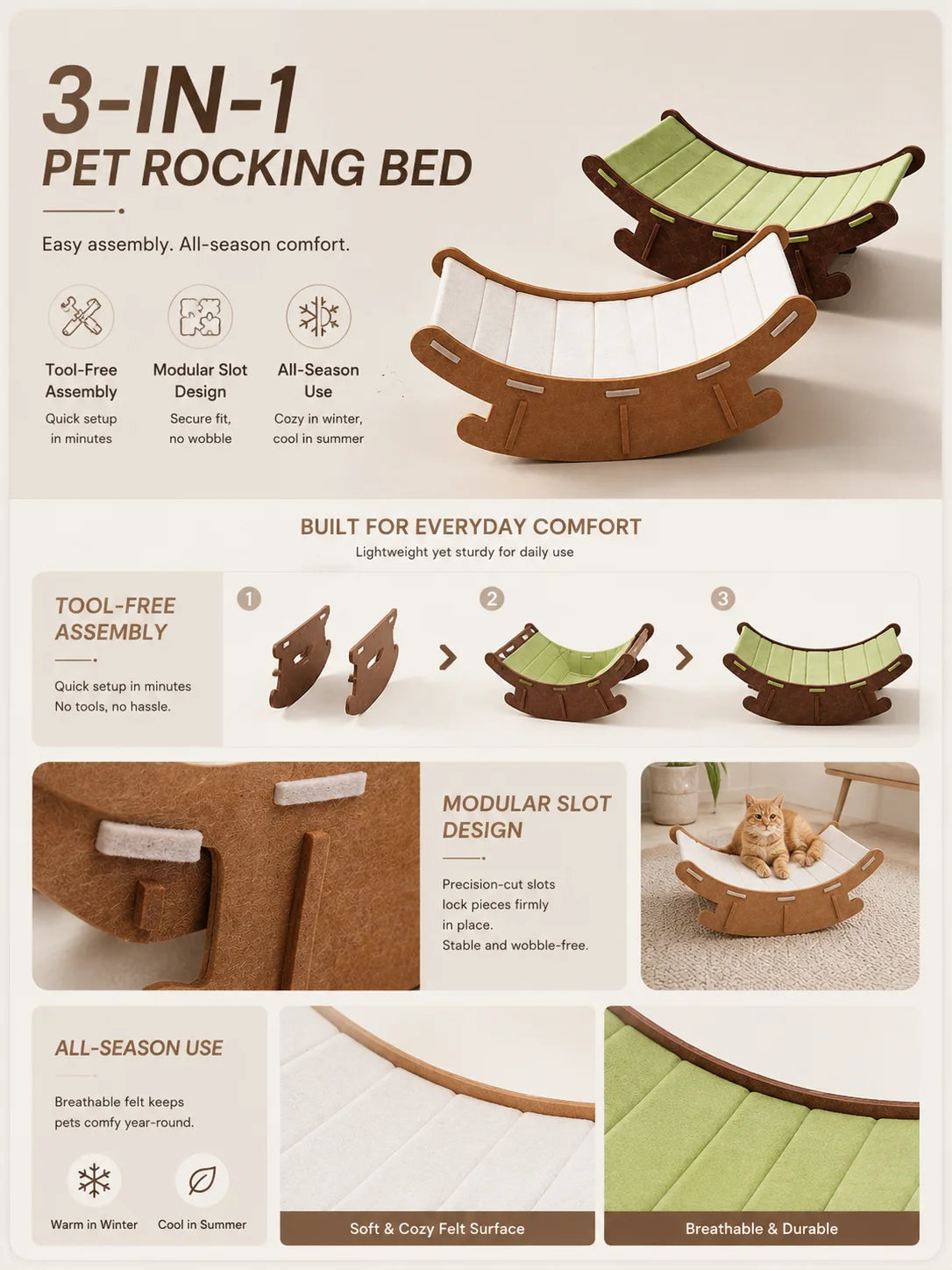3-in-1 Cat Rocking Bed with Scratch Pad – Cozy Pet Lounge & Scratching Mat for Cats
