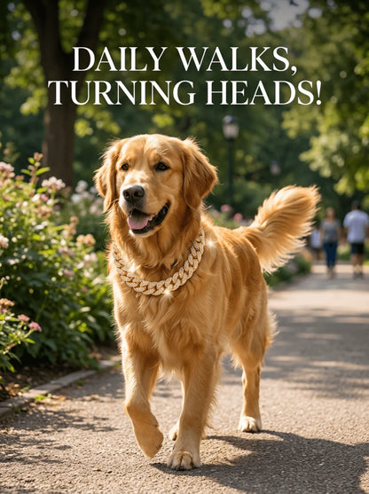 Luxury Cuban Chain Dog Collar – Gold Tone Stainless Steel Diamond-Inspired Pet Necklace for Daily Walks
