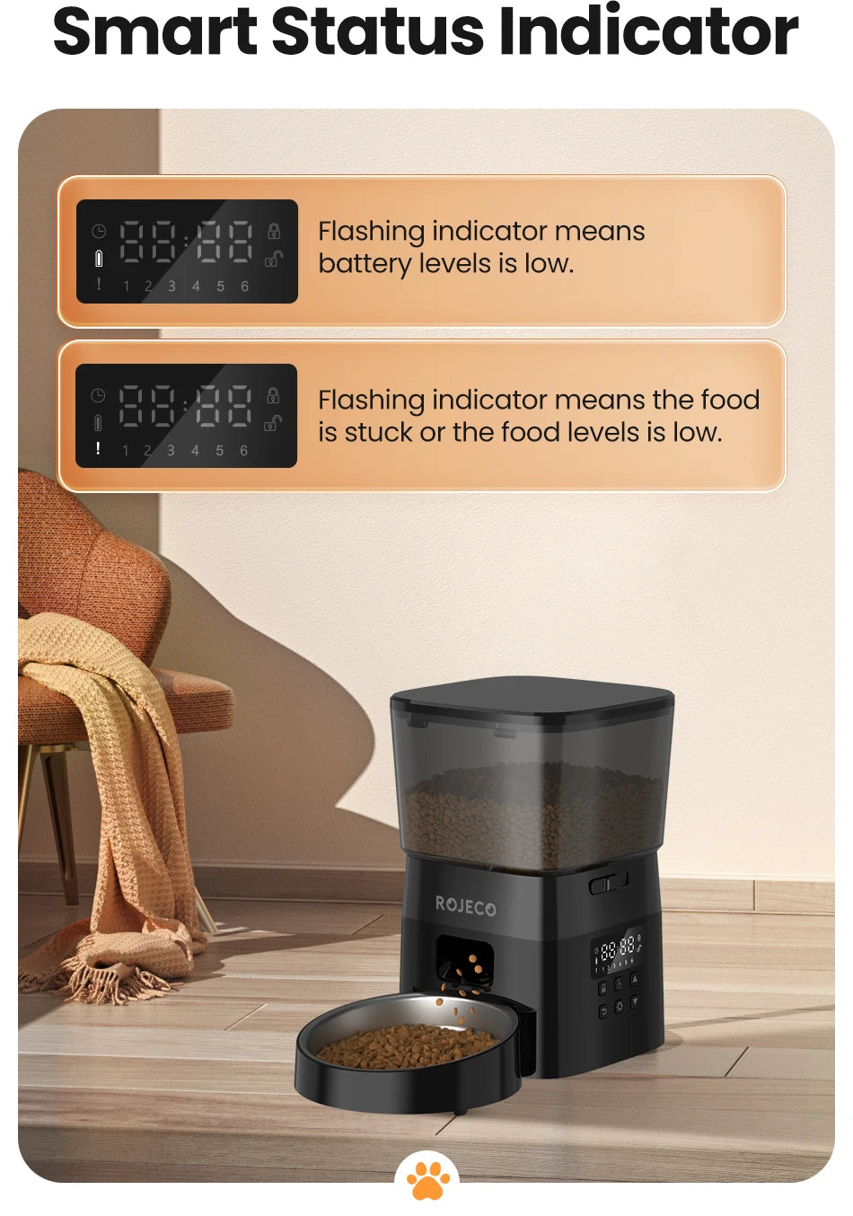 ROJECO Automatic Pet Feeder – Smart Dry Food Dispenser with Easy Button Control for Cats & Dogs